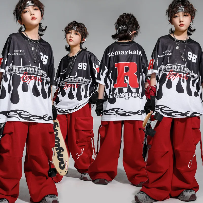 Roupas de hip hop para meninos, fantasia de dança de jazz, camiseta de manga curta, calças largas, meninas, hip hop, performance, conjuntos de roupas rave
