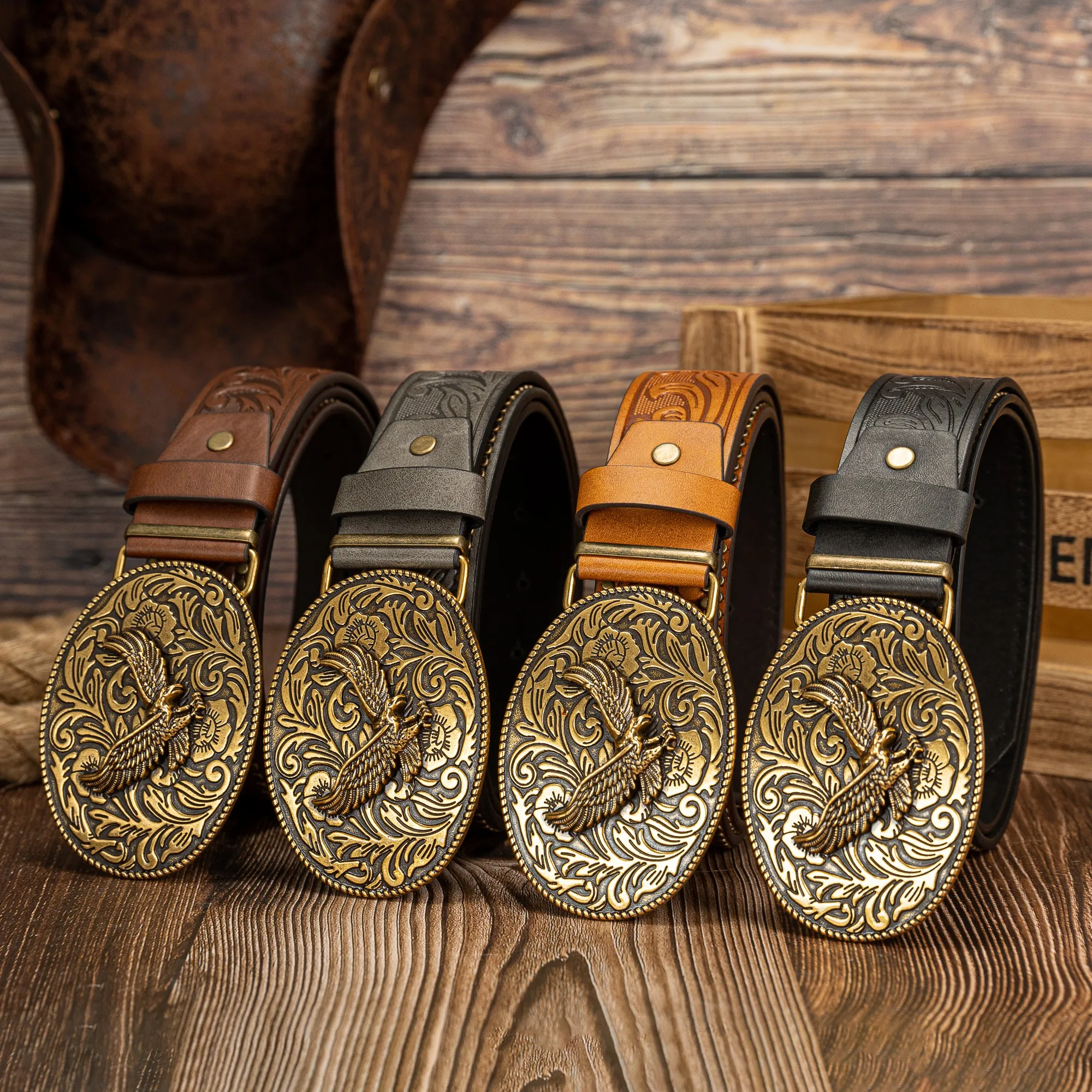 Golden eagle oval flower green leaf large buckle fashionable versatile phoenix tail pattern PU embossed rivet belt