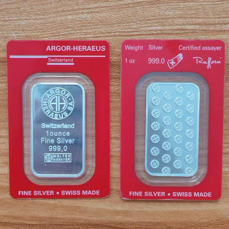Non Magnetic 1 Oz Silver Bar Replica Argor Heraeus Silver Bullion  Zinc Alloy Metal Bar for Collectors, Display & Home Decor