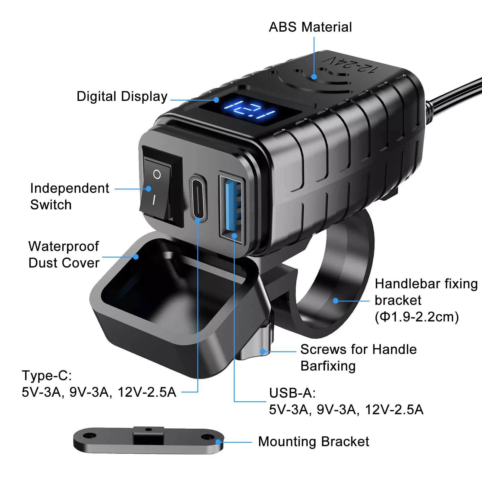 1pc Motorcycle Dual USB Charger QC3.0 PD Waterproof Handlebar Mount with Voltmeter & ON/Off Switch for 12V-24V
