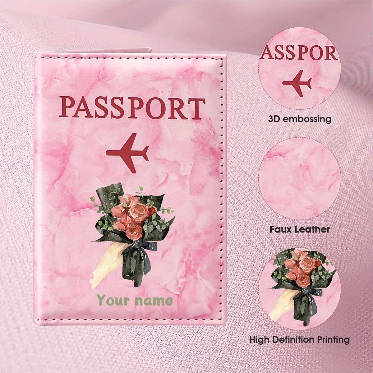 Custom Name Passport Wallet - Elegant Rose & Leaf Design, High-Definition Printing, Lightweight & Foldable, Perfect Gift