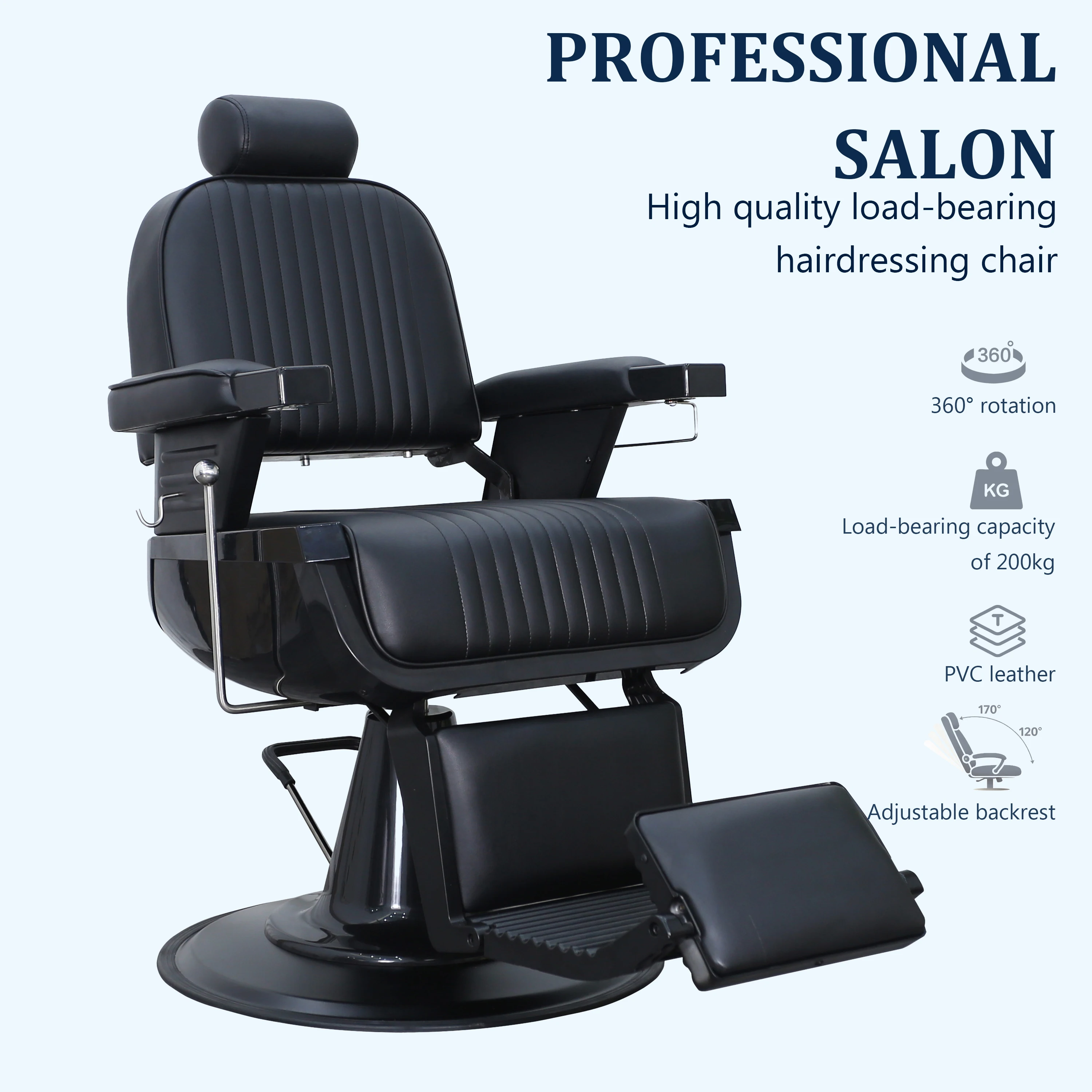 Black Hydraulic Barber Chair with Reclining Backrest PU Leather 360° Swivel Base Adjustable Headrest & Footrest