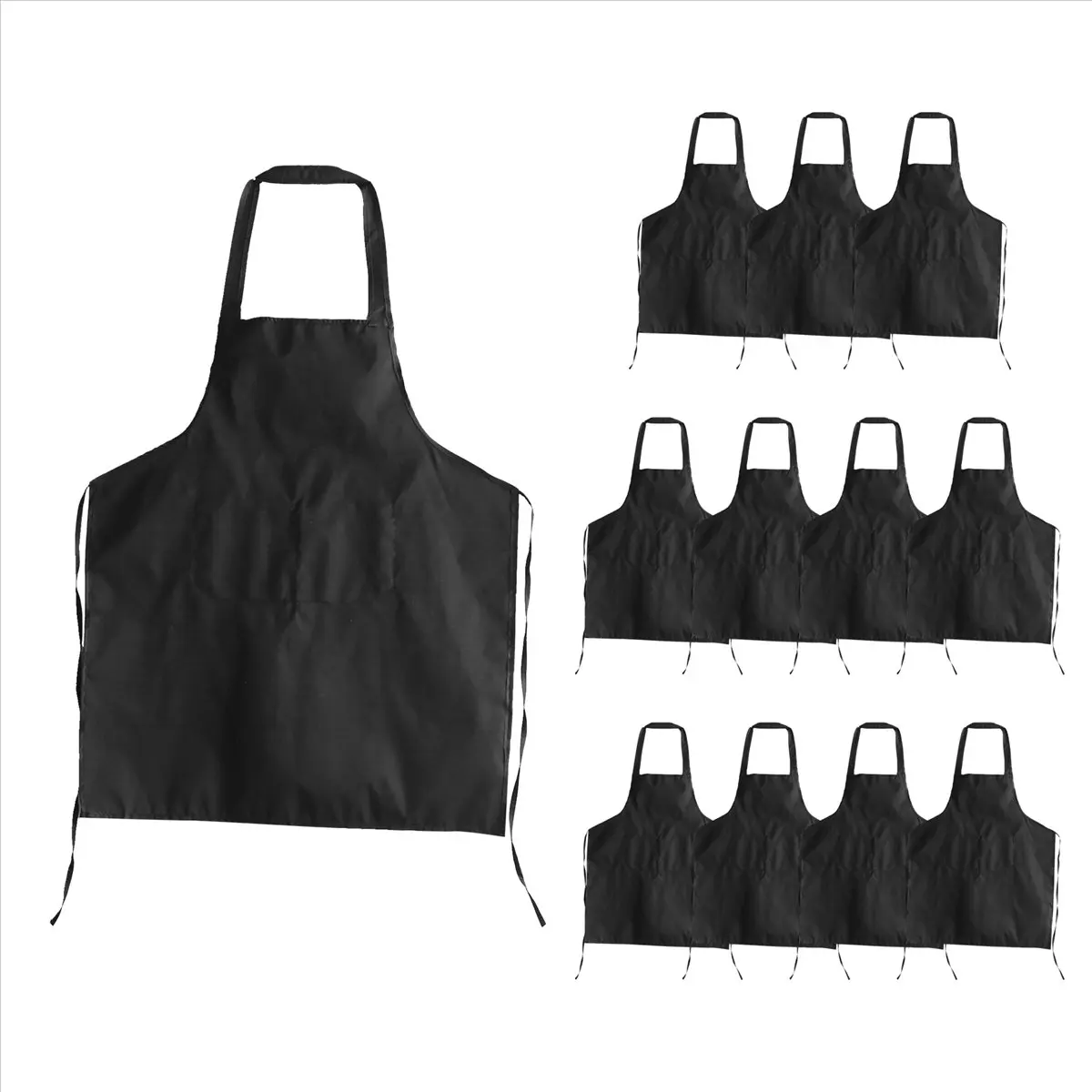 A78I 12 Pack Bib Apron - Unisex Black Apron Bulk with 2 Roomy Pockets Machine Washable for Kitchen Crafting BBQ Drawing