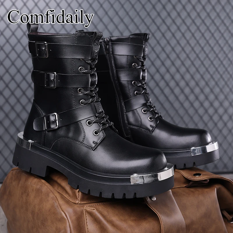 Large Size Thick Soled High Top Boots with Belt Buckle Metal Side Zipper Personalized High-quality Fashionable Motorcycle Boots view 3