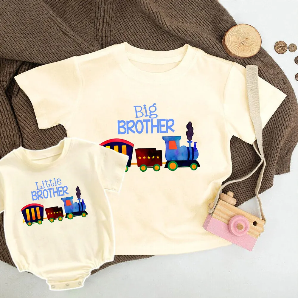 Big Brother/little Brother&Train Print Family Matching Outfit Baby Bubble Romper+Beige Kids Tee Shirt Short Sleeve Clothes