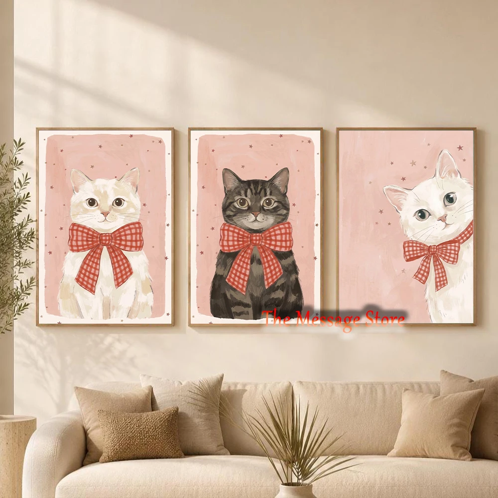 Cute Dog and Cats Whimsical Pink Star Illustration Red Check Cat Dog Flowers Nursery Poster Canvas Painting Wall Pictures Decor