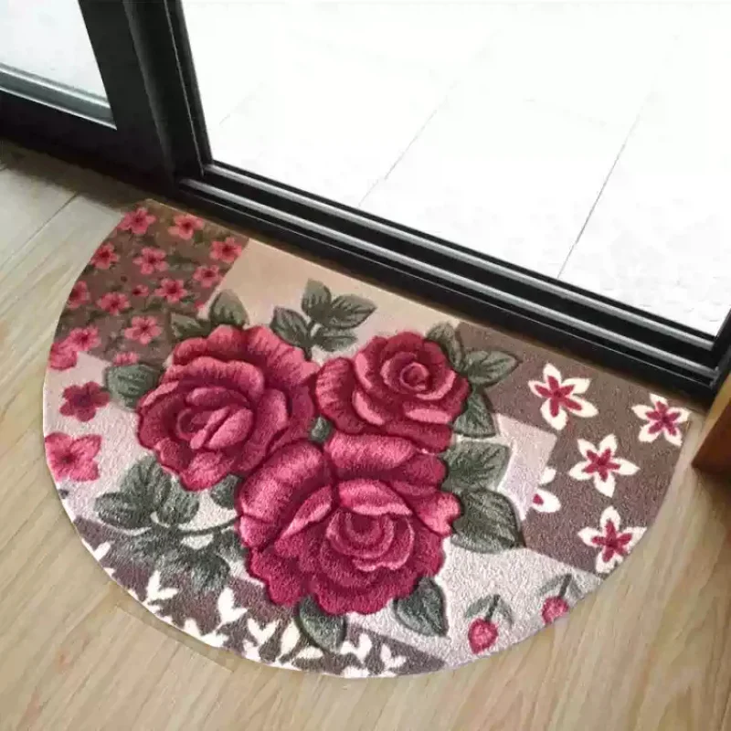 VIKAMA Retro 3D Rose Semi Circle Doormat Soft Non-Slip Welcome Mat Washable Entrance Rug for Bedroom Living Room Home Decor