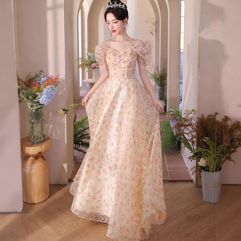 

Женское вечернее платье-бретелька с цветочным принтом, изысканное милое платье с открытыми плечами для банкета, дня рождения, элегантное тюлевое платье для выпускного вечера с короткими рукавами