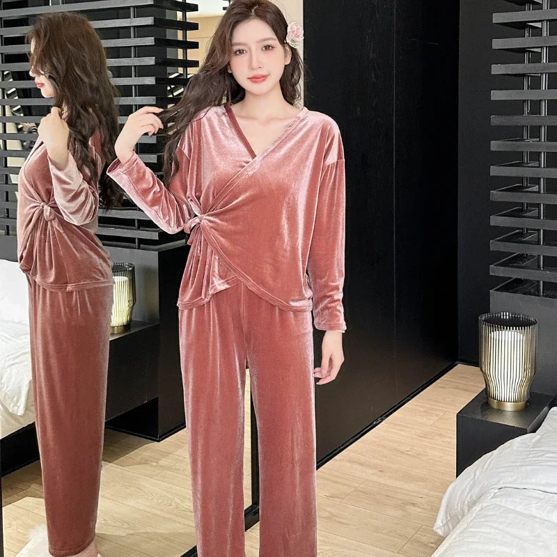 Pleuche-Ensemble de pyjama bandage décontracté pour femme, vêtements de nuit doux et confortables pour la maison, vêtements de nuit sexy, mode Ulzzang, élégant, tout assressenti, doux, automne