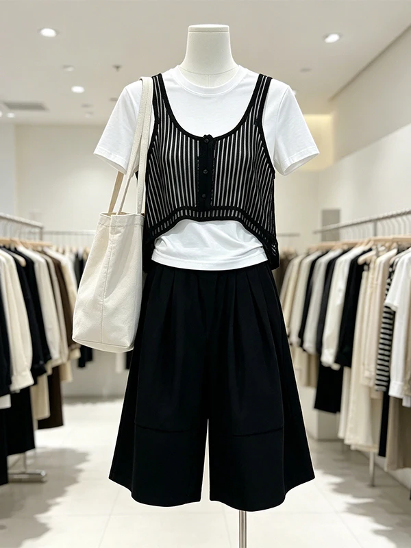 

Large Size Women's Summer Knitted Vest White Base Shirt Wide Leg Mid-Pants Three-Piece Set Casual Korean Style High Waist Shorts