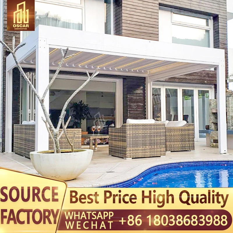 Customized DIY Motorised Roof Louvers System Sun Shading Waterproof Screens Outdoor Motorized Pergola with Zipped Blinds