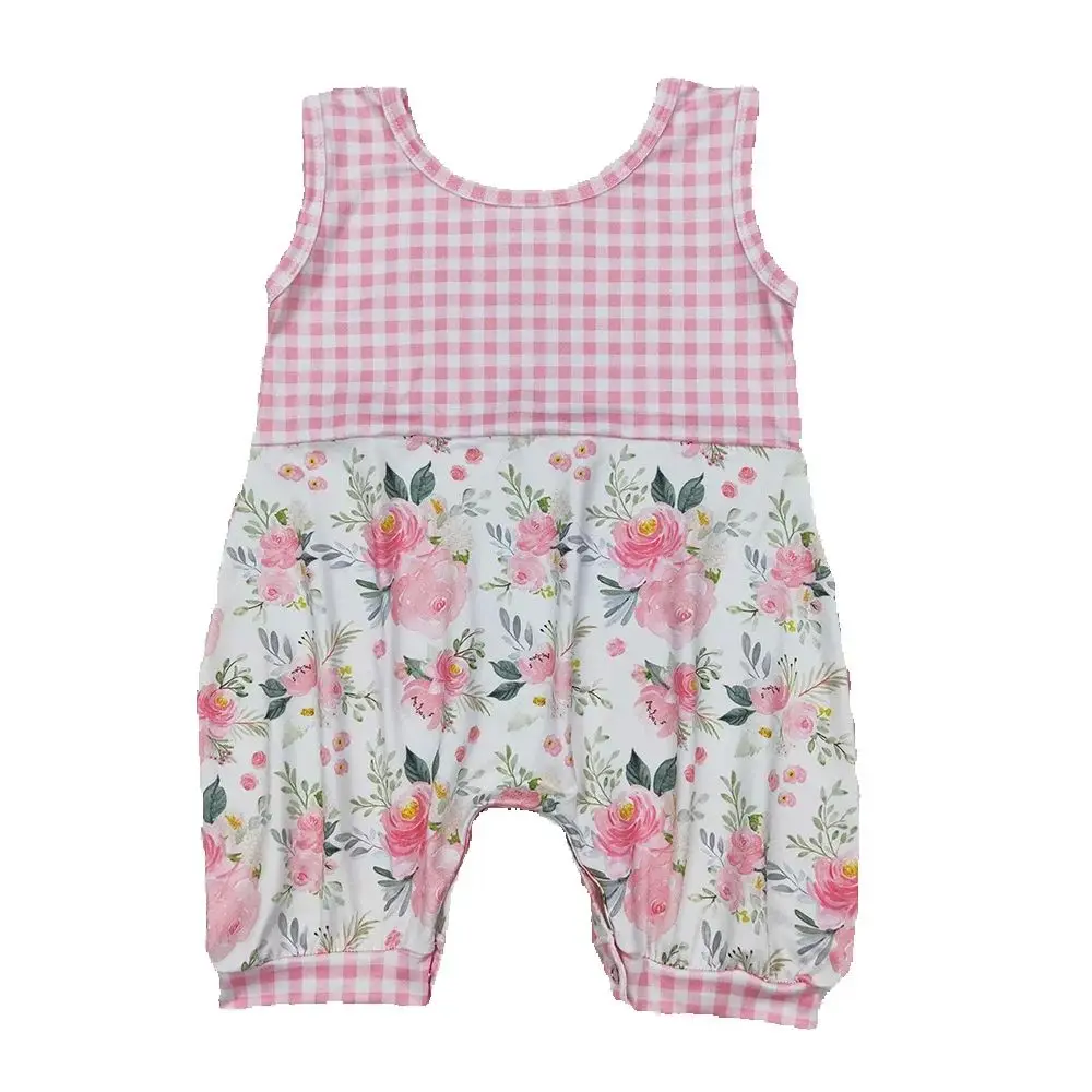 

SR2678 Baby Infant Girls Pink Checkered Flowers Sleeveless Rompers