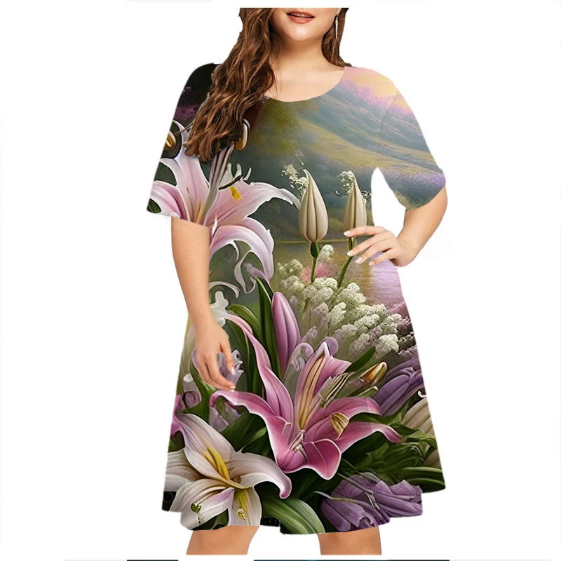 Pink 3D Flower Print Women Dress Elegant Sweet Casual Short Sleeve O-Neck Mini Dress Summer Fashion Party Clothing Plus Size 6XL