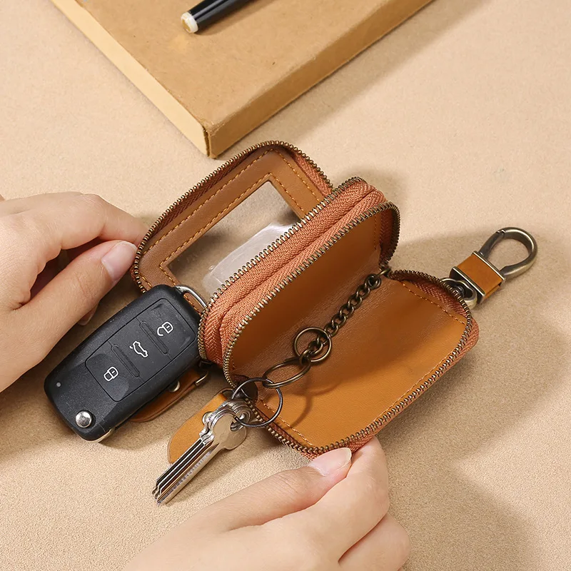 Genuine Leather Vintage Car Key Holder Multifunction Men Key Case Coin Wallet Transparent Small Money Bag Storage Bags