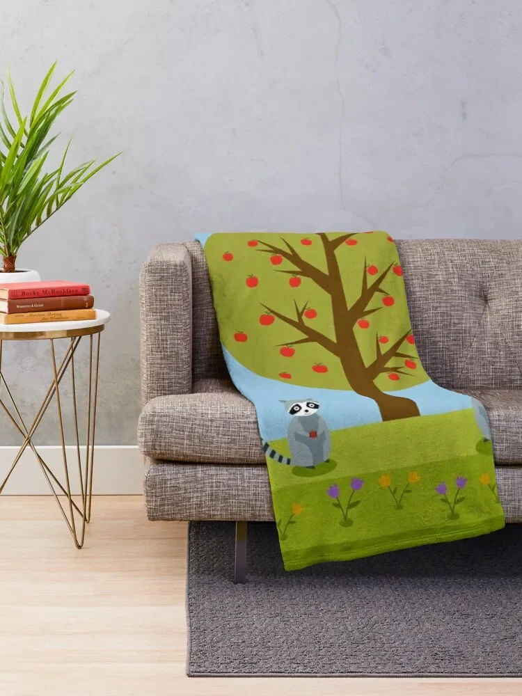 Cute Raccoons and Apple Trees Throw Blanket Giant Sofa Furrys Decorative Sofas Bed Blankets