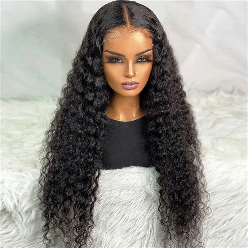 Perruque Lace Front Wig sans colle bouclée noire naturelle, 26 pouces, pre-plucked, avec baby hair, longue, douce, crépue, densité 180, pour femmes