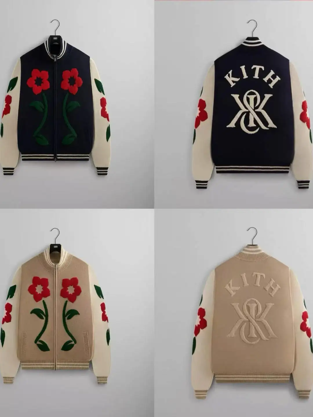 

American Street Style Heavyweight Floral Embroidery 3D Cut Stand Collar Color Block Knitted Jacket for Men And Women