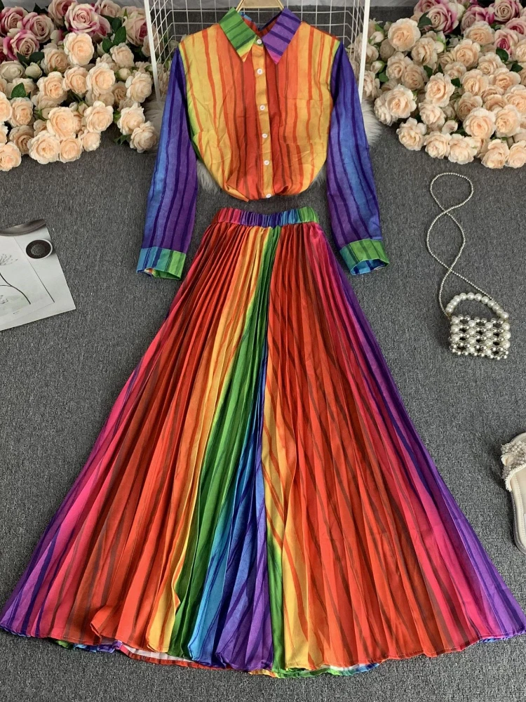 

Women Vintage Elegant Print Suits Spring Long Sleeved Stand Neck Single Breasted Shirt＋High Waist Half Skirt Two Piece Sets
