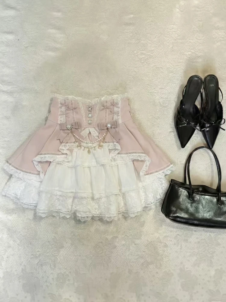 

Японская юбка-пачка в стиле лолита с высокой талией, кружевом и бантом, тонкая, в стиле пэчворк, короткая, женская, милый дизайн, одежда в стиле французской моды, 2026