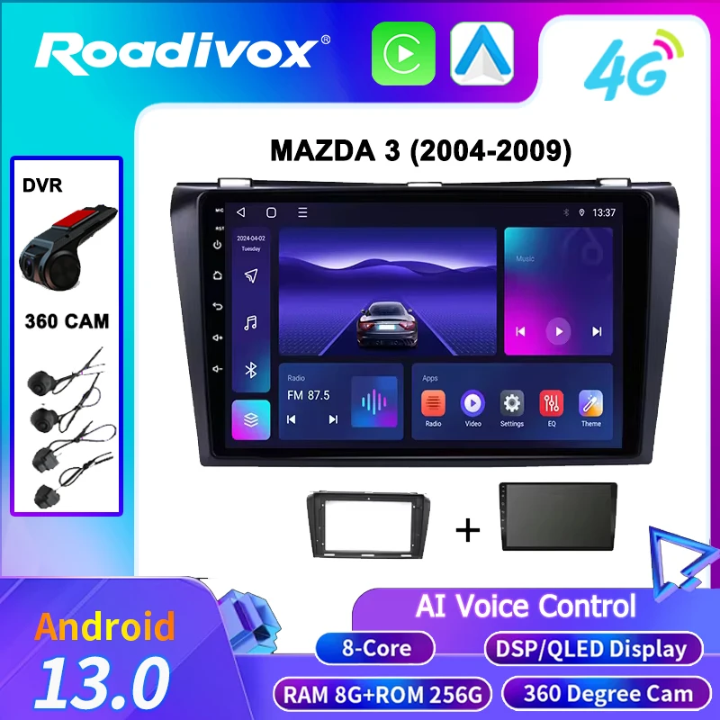 

Автомобильное радио с голосовым управлением AI и мультимедийным плеемом Android 13 для MAZDA 3 (2004-2009 гг.), функция GPS Navi Stereo Screenan WiFI 4G