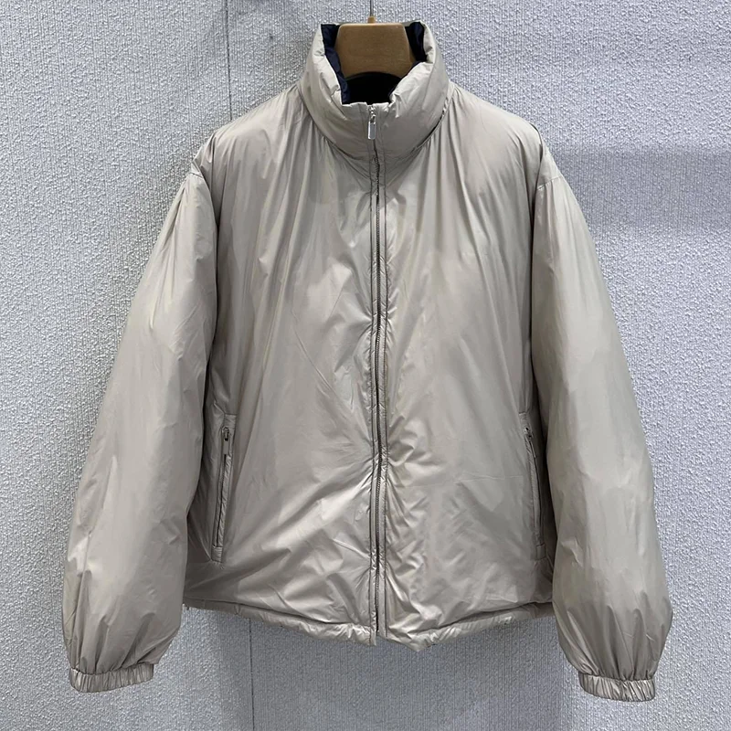 高品質の女性用ツートンカラーのリバーシブルコットンコート、ジッパー、シングルボタン、スタンドカラー、ホワイトグースダウンジャケット 25919143