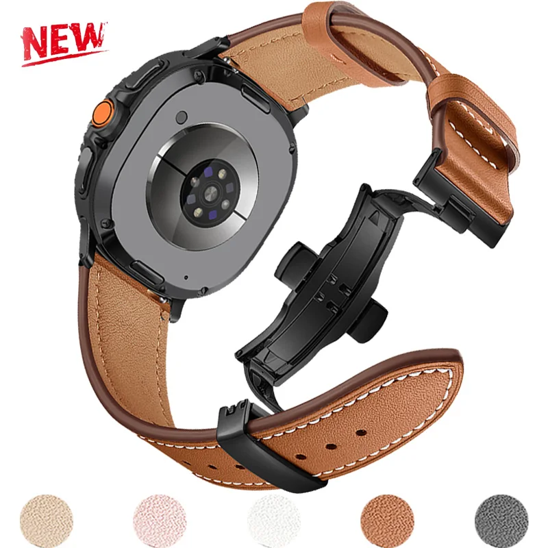 حزام جلدي لساعة سامسونج جالاكسي 8 حزام كلاسيكي 46 ملم سوار بإبزيم من الفولاذ المقاوم للصدأ لساعة سامسونج جالاكسي 8 40/44 ملم