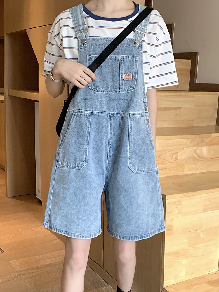 Korean Women Denim Overalls Shorts Loose High Waist Straight Wide Leg Shorts Leisure Female Knee Length Straps Shorts