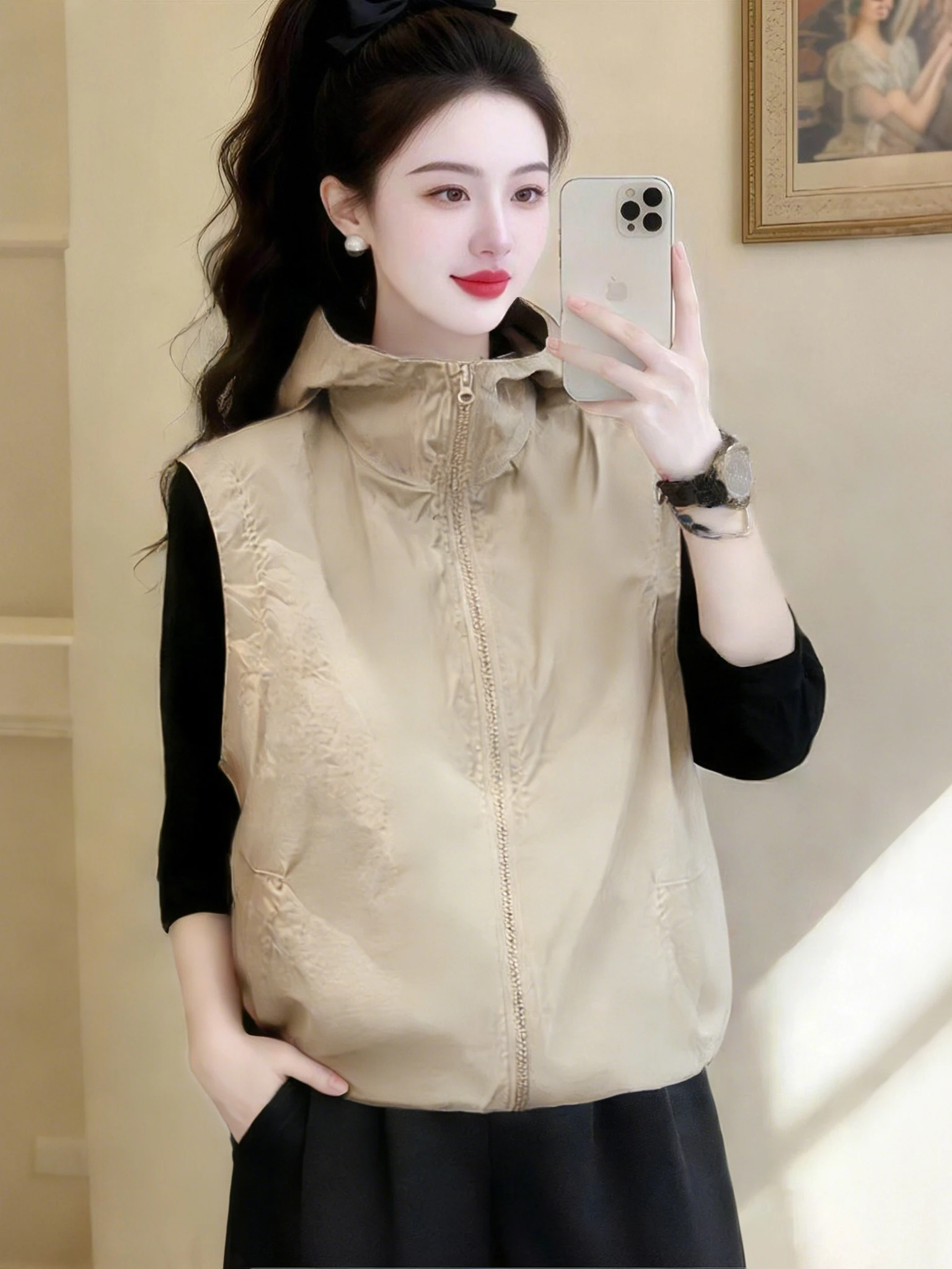 

Women's Summer Casual Sports Sun Protection Vest 2026 European Style Large Size Hooded Jacket Outerwear Standard Fit Zipper