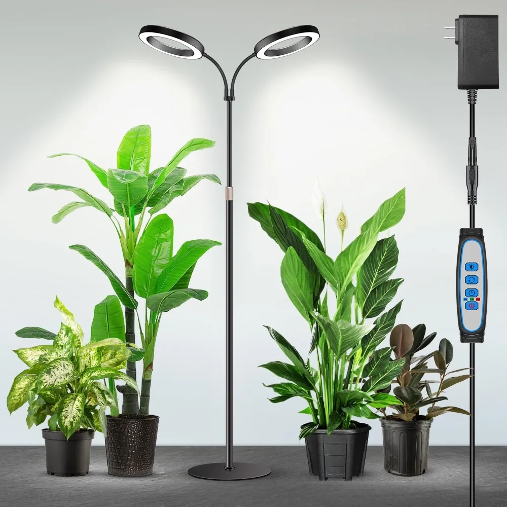 Grow Lights, Dual-Head Full Spectrum LED Plant Lights for Indoor Growing with Stand, 3 Color Modes Grow Lamp with Timer