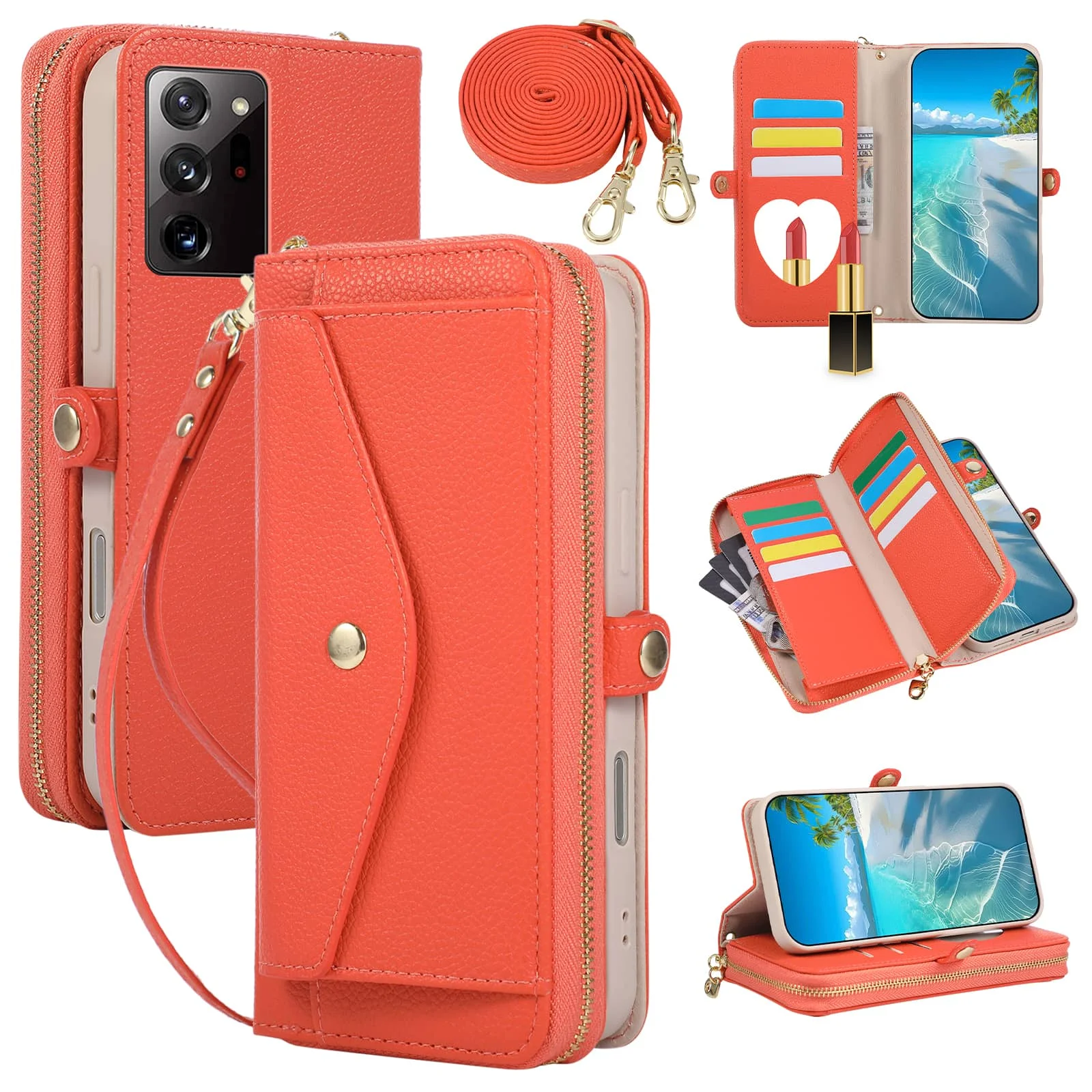 

WEFOR Crossbody Wallet for Samsung Galaxy Note 20 Ultra 10 Pro 9 8 Case with Strap Card Holder, Handbag Purse, Make Up Mirror
