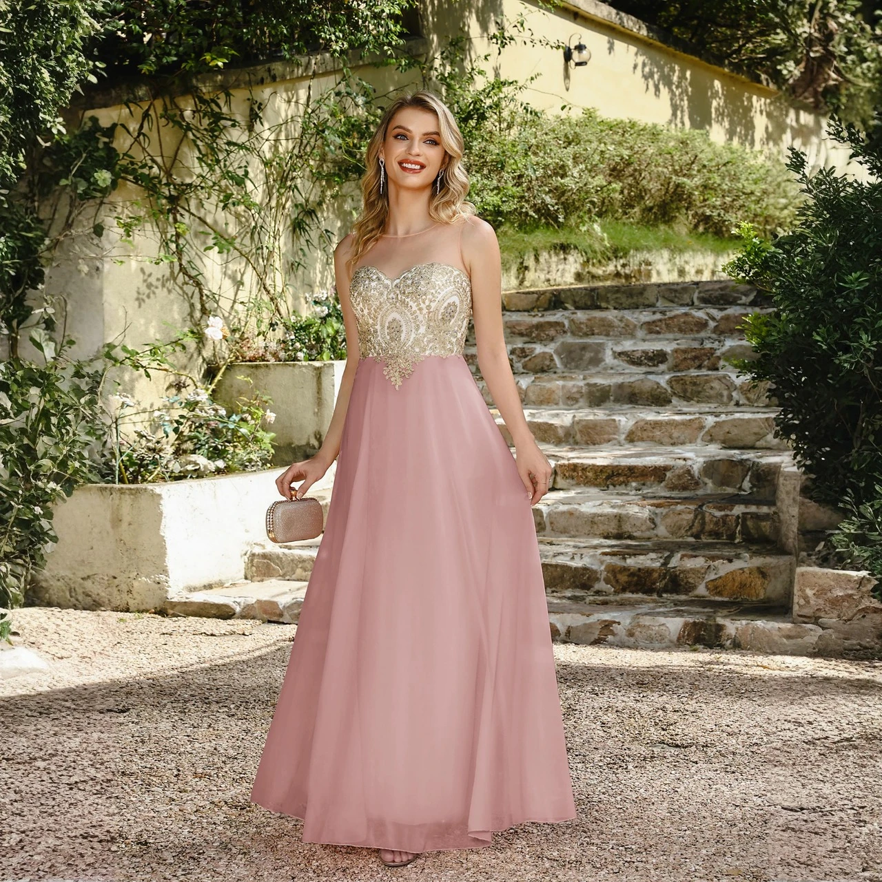 

Elegant Pink Prom Dress with Gold Embellished Bodice & Floor-Length Chiffon Skirt Formal Evening Gown for Special Occasions