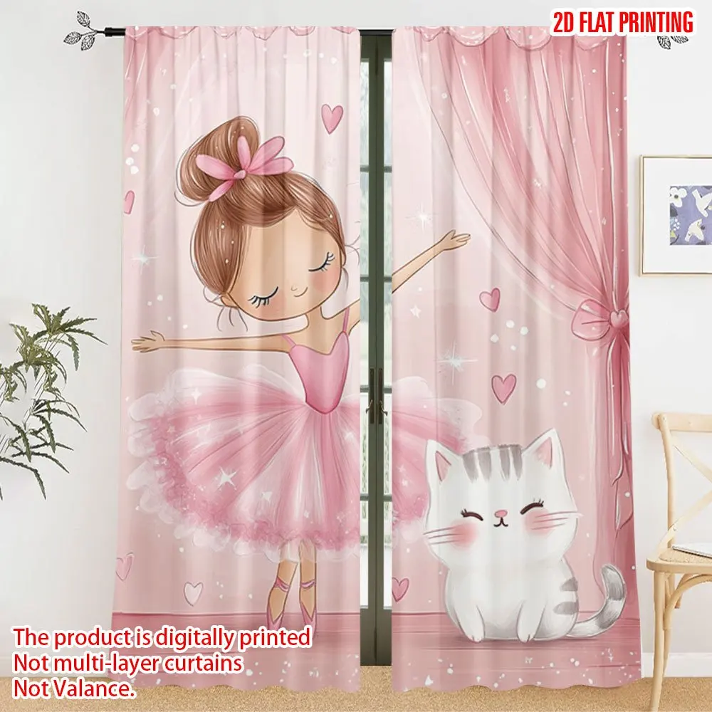 Pink Ballerina and Cat Blackout Curtains - Cute Cartoon Girl Dance Print Window Drapes for Kids Room Nursery Decor
