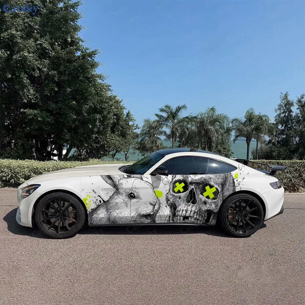

2pcs Cute Skull Bunny Spirit Realm, Durable, Fade-resistant, Enhance Vehicle Aesthetics With Bold Artistic Design Car Vinyl Wrap
