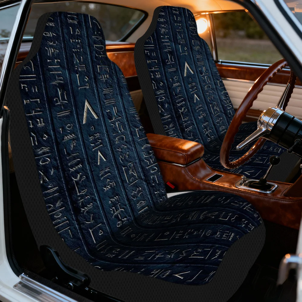 2pcs Universal Car Covers | Egyptian Hieroglyphs Magic Symbol Black Vertical Panel Pattern, Polyester Fiber, Machine Washable, P
