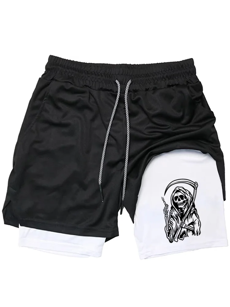 

Мужские шорты 2-в-1 с графическим рисунком Grim Reaper Scythe, быстросохнущие двухслойные шорты для тренировок в тренажерном зале, бега, фитнеса WX072