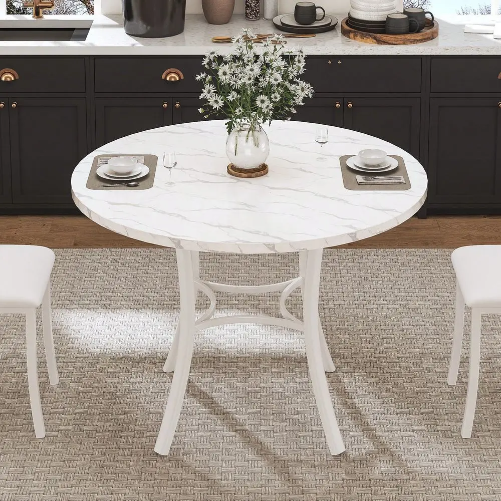 

36 Round Dining Table, Faux Marble Dinette With Metal Frame For Kitchen, Apartment, Home, SpaceSaving