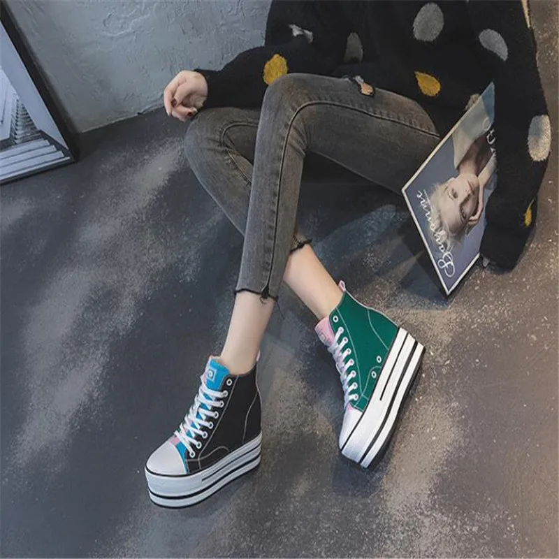 New Canvas Shoes Lace Up High Top Fashion Breathable Casual Thick Bottom Women\'s Shoes Platform Round Toe Women\'s Shoes