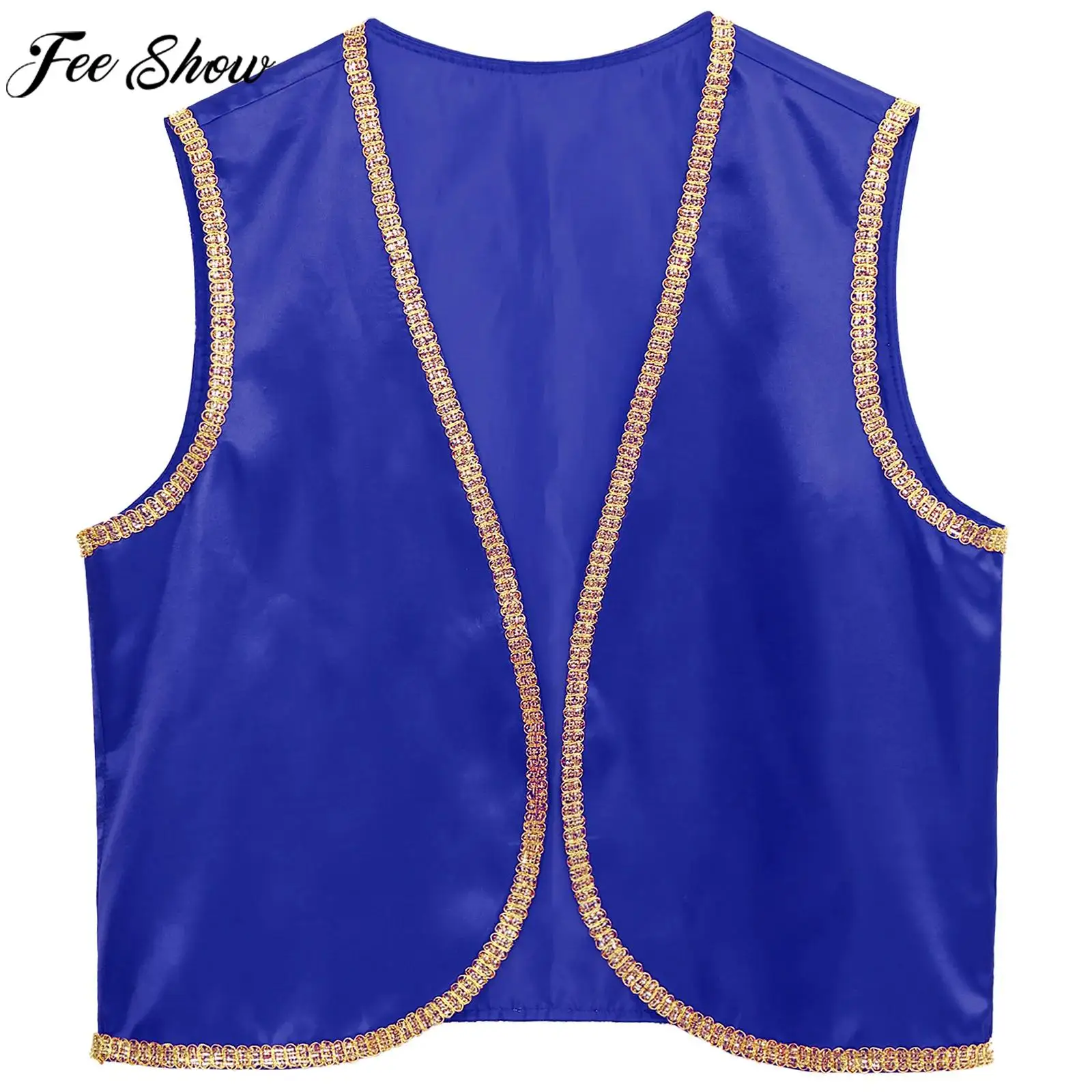 Mens Halloween Arabian Prince Cosplay Costume Stain Vest Shiny Gold Trim Waistcoat Cardigan for Theme Party Masquerade Role Play