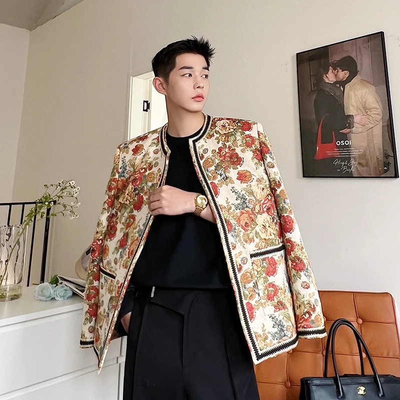 Collarless Vintage Flower Jacquard Luxurious Coat for Men and Women Korea Streetwear Net Celebrity Fashion Loose Casual Jacket