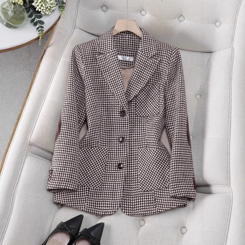 Houndstooth Suit Jacket for Women Autumn Winter2025New Year's Slim Fit Woolen Blazer for Women, Waist-Cinching, Fashionable and