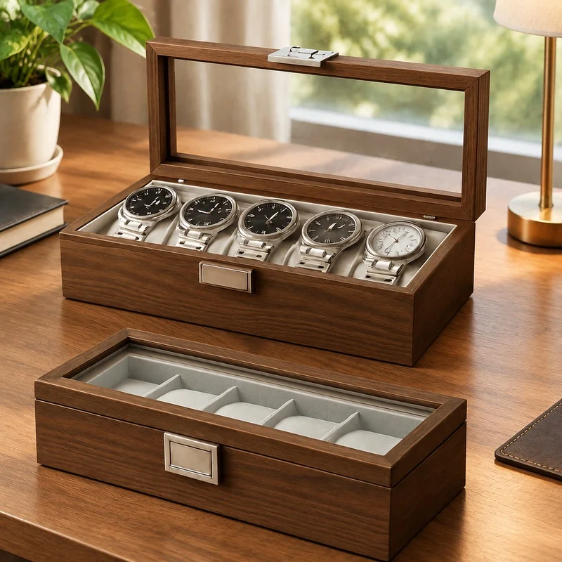 Black Walnut Wood Watch Organizer Box with 6 Slots for Display and Storage