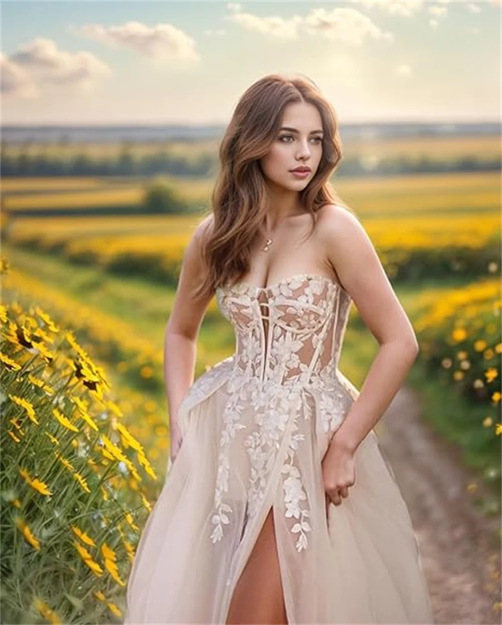 

A Line Long Beach Wedding Dresses For Bride High Side Slit Lace Applique Tulle Bridal Dress Gowns For Wimen V Neck Prom Dress