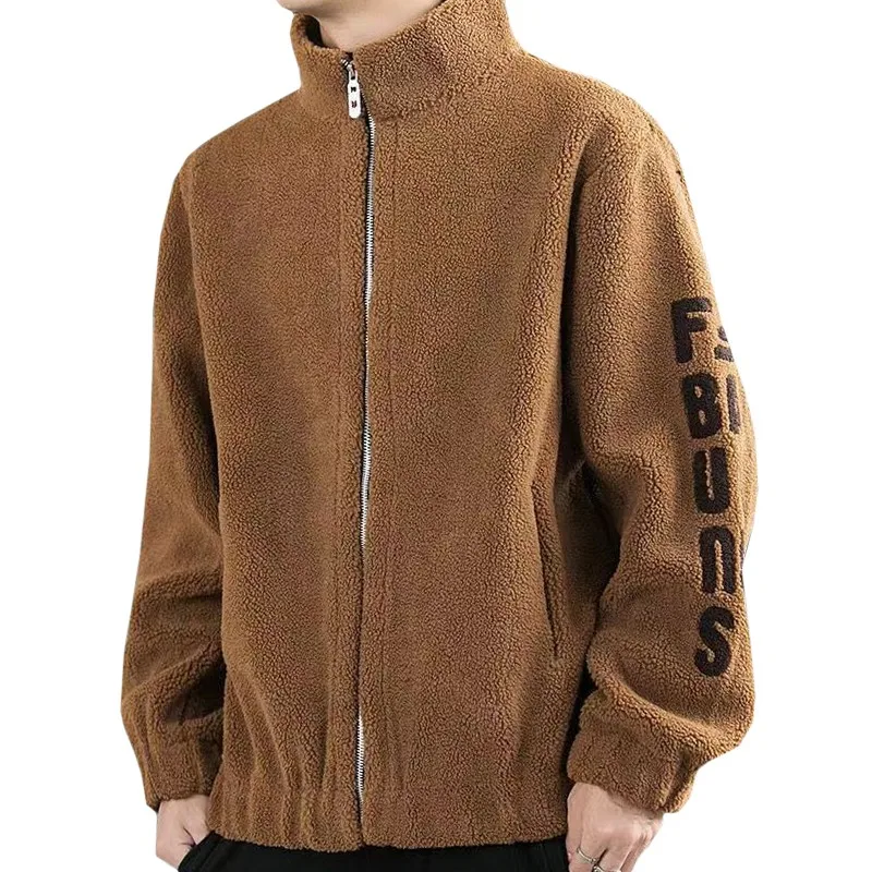 

Trend Keep Warm Zipper Lamb Wool Y2k Pullover Korean Winter Men Sweatshirt Embroidery Letters Fashion Khaki Harajuku Male Coat