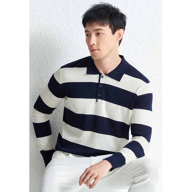 

100% Cashmere Wool Polos 2023 Autumn Casual Stripes Long Sleeve Jumper Turn Down Collar Male Pure Wool Knit Tee Shirt Pullovers