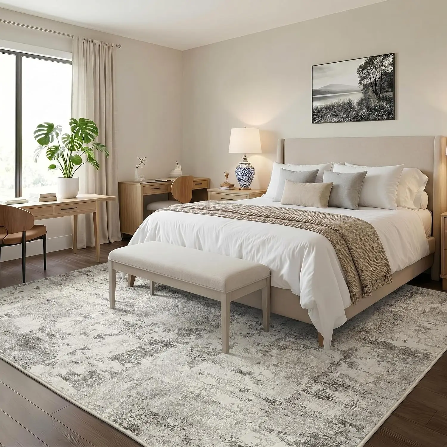 10x12 Extra Large Neutral Beige Abstract Area Rug Washable Non Slip Low Pile Carpet for Living Room Bedroom Home Decor