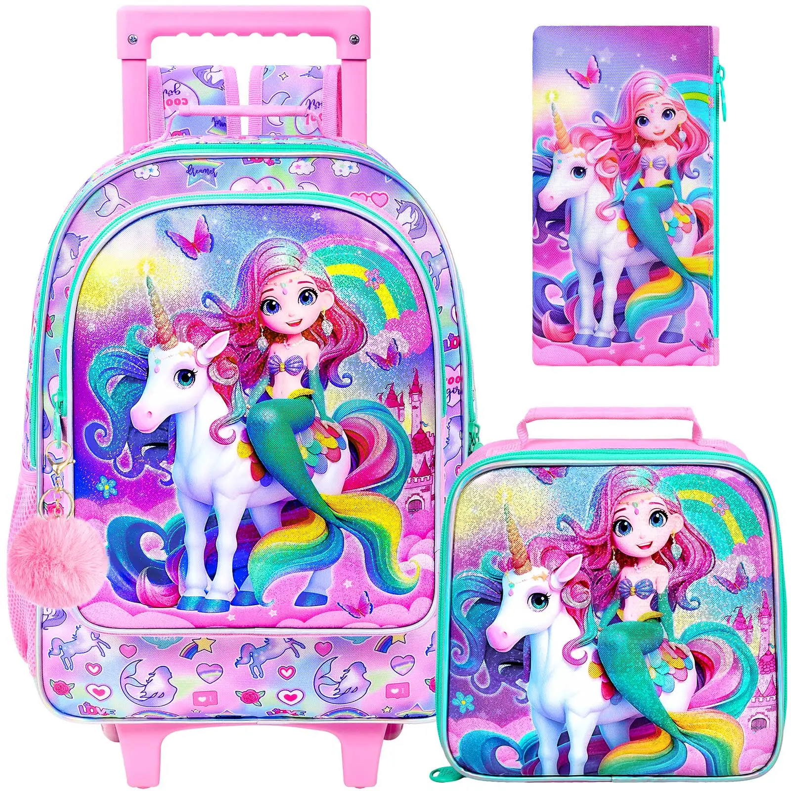 3PCS Tas Ransel Beroda untuk Anak Perempuan, Tas Sekolah Beroda dengan Tas Makan Siang - Unicorn dan Putri Duyung