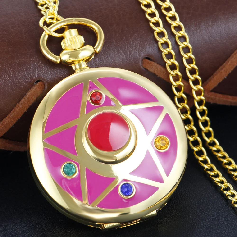 Japanese Anime Beauty Girl Gold Quartz Pocket Girl Vintage Fob Watch Children's Gift Women Pendant Necklace Souvenir