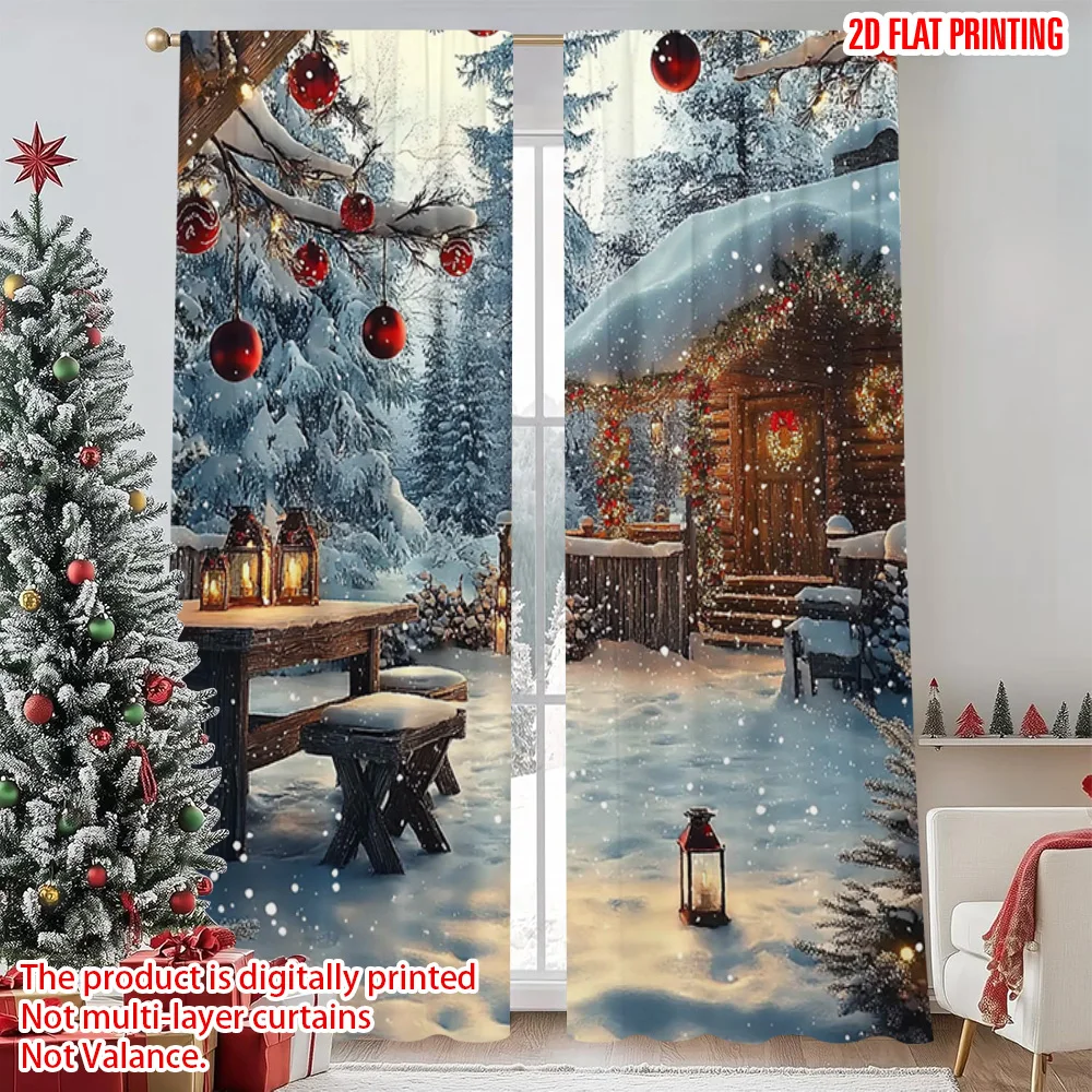 

2pcs 2D flat printing Merry Christmas Popular Window Drapes winter1 Machine Washable Fabric Without Electricity Spring Party &