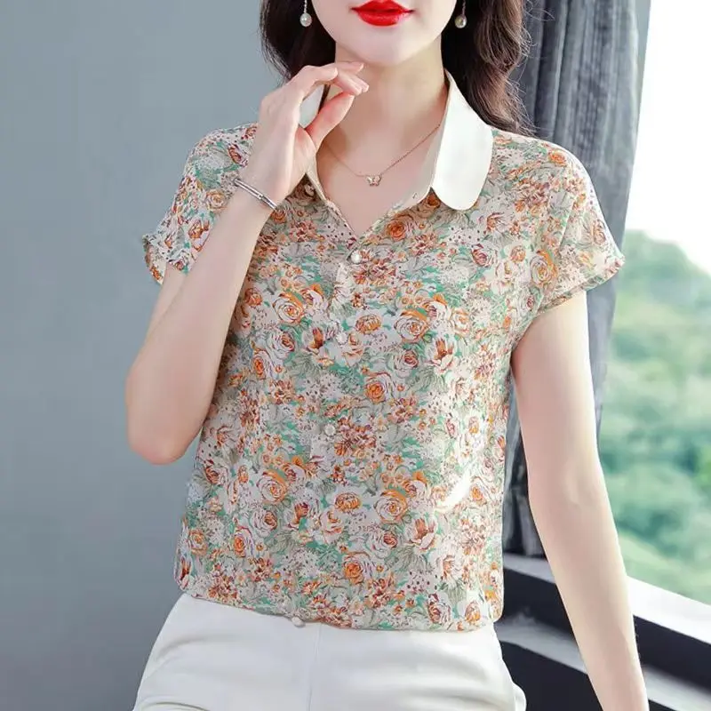 Elegant Floral Printing Women\'s Clothing 2023 Summer POLO Collar Loose Comfortable Tops Women Broken Flower Chiffon Shirt