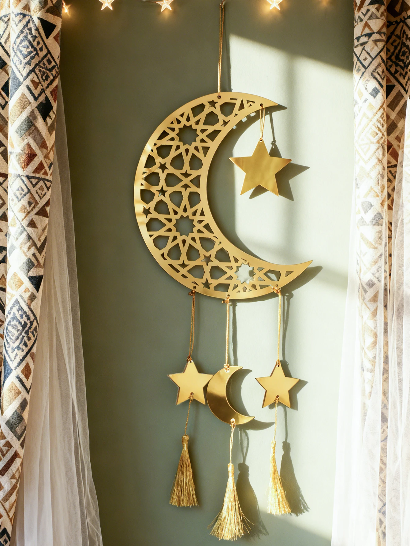 Islamische Ramadan Eid Mubarak Holz Wand Dekor Gold Acryl Mond Stern Laterne Quaste Hängende Ornamente für Muslimischen Home Party Geschenk